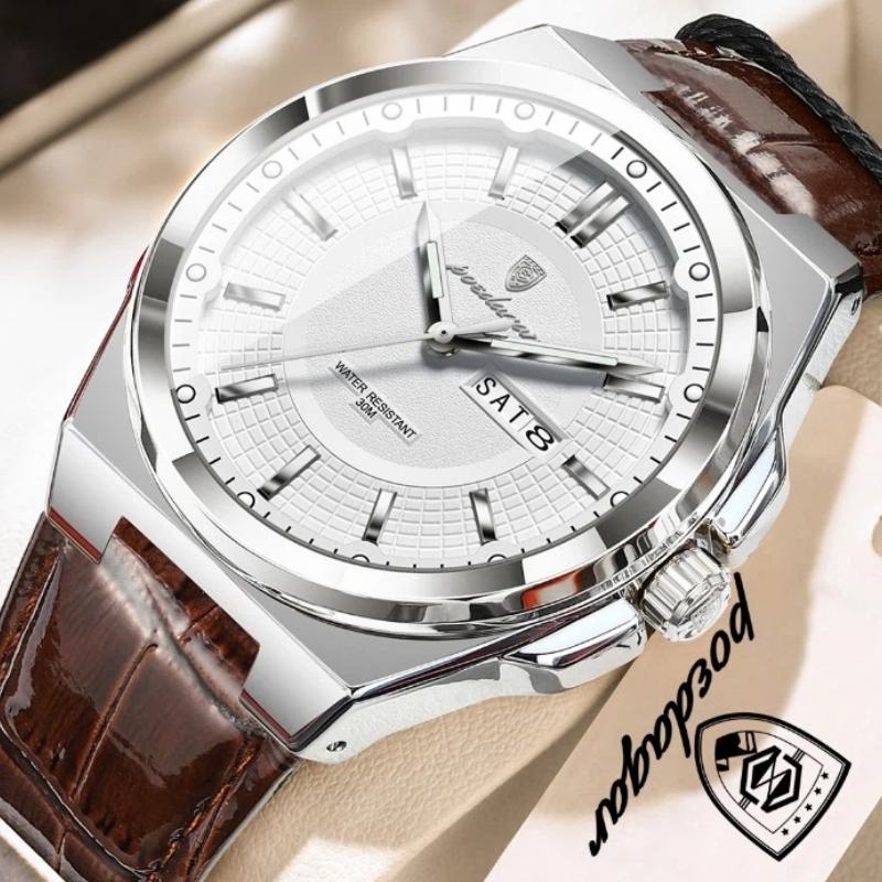 POEDAGAR Fashion Man Wristwatch Waterproof Luminous Date Week Business Quartz Watches Leather Sport Clock Reloj Hombre