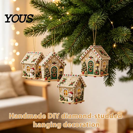 DIY Faux Pearl Bead Craft Set Christmas Art Ornament Kit, Wooden House Snowman Holiday Hanging Decoration Supplies Santa Reindeer Pattern, Handmade