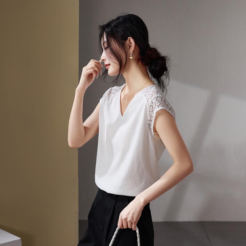 SOFSIL Women s V-Neck Lace Patchwork T-Shirt L