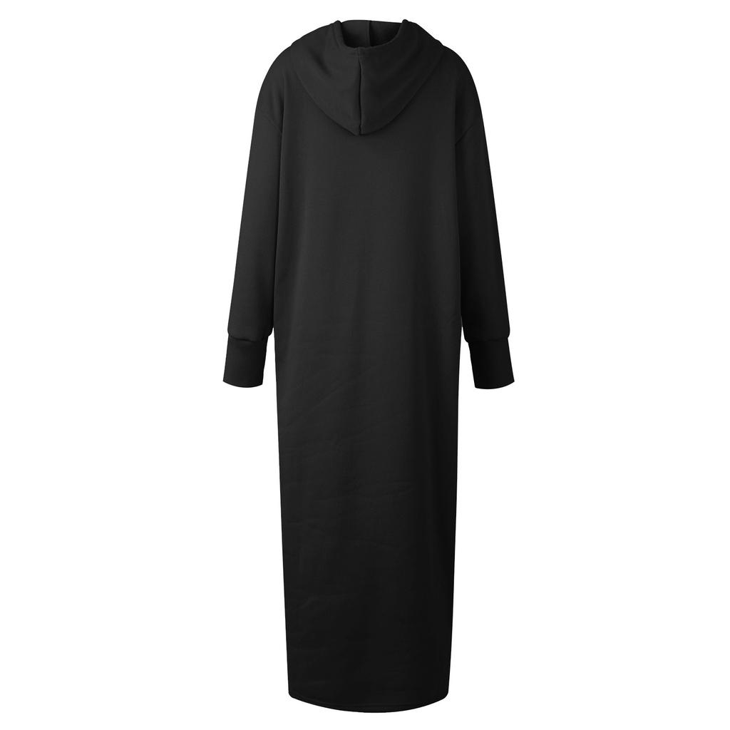 Dámská jednobarevná mikina s dlouhým rukávem a kapucí se spodním okrajem větších velikostí, rovná kapsa, volné dlouhé šaty