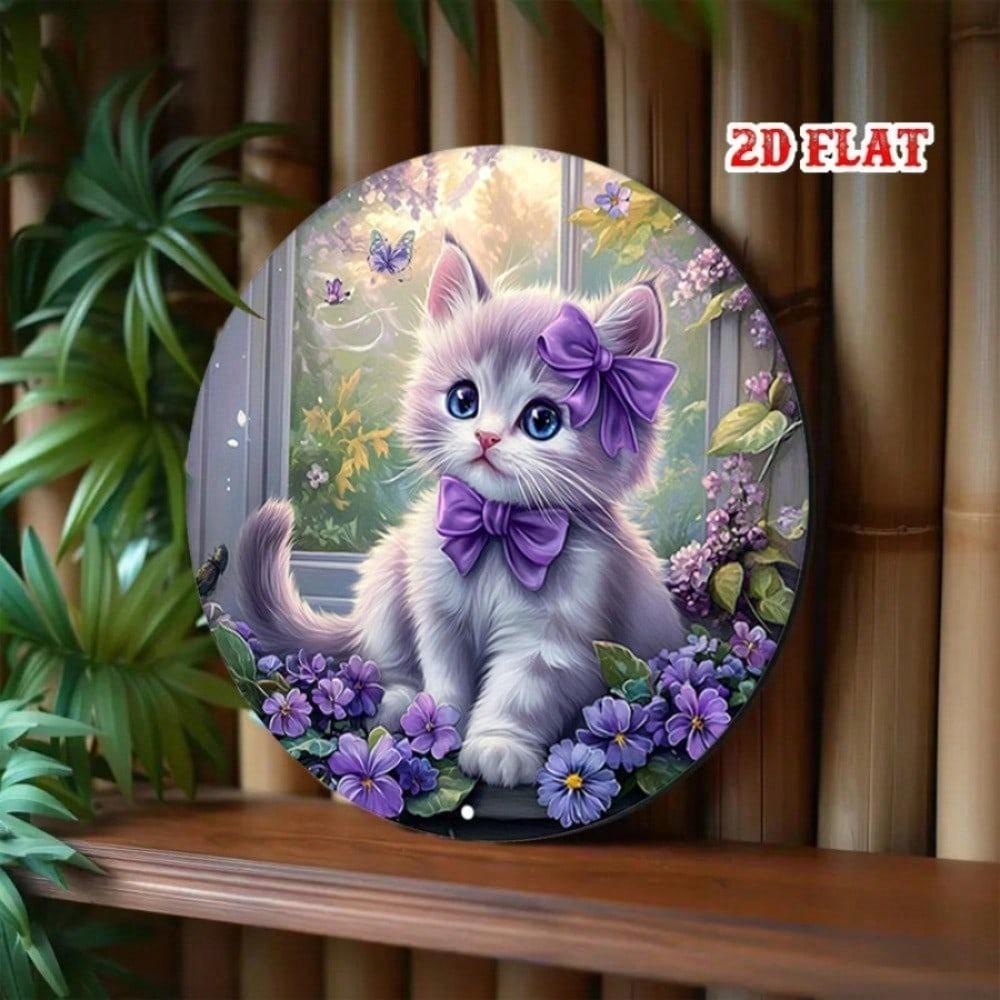 Cute Kitten Purple Floral Round Metal Wall Sign Vintage Iron Art Home Bedroom Decor Pet Lover Gift 8x8 Hanging Plaque