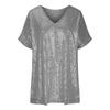 Women's Casual Loose Color Dropped Shoulder Short Sleeve V Neck Sequin Top T-Shirt