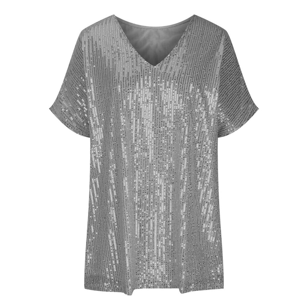 Women's Casual Loose Color Dropped Shoulder Short Sleeve V Neck Sequin Top T-Shirt