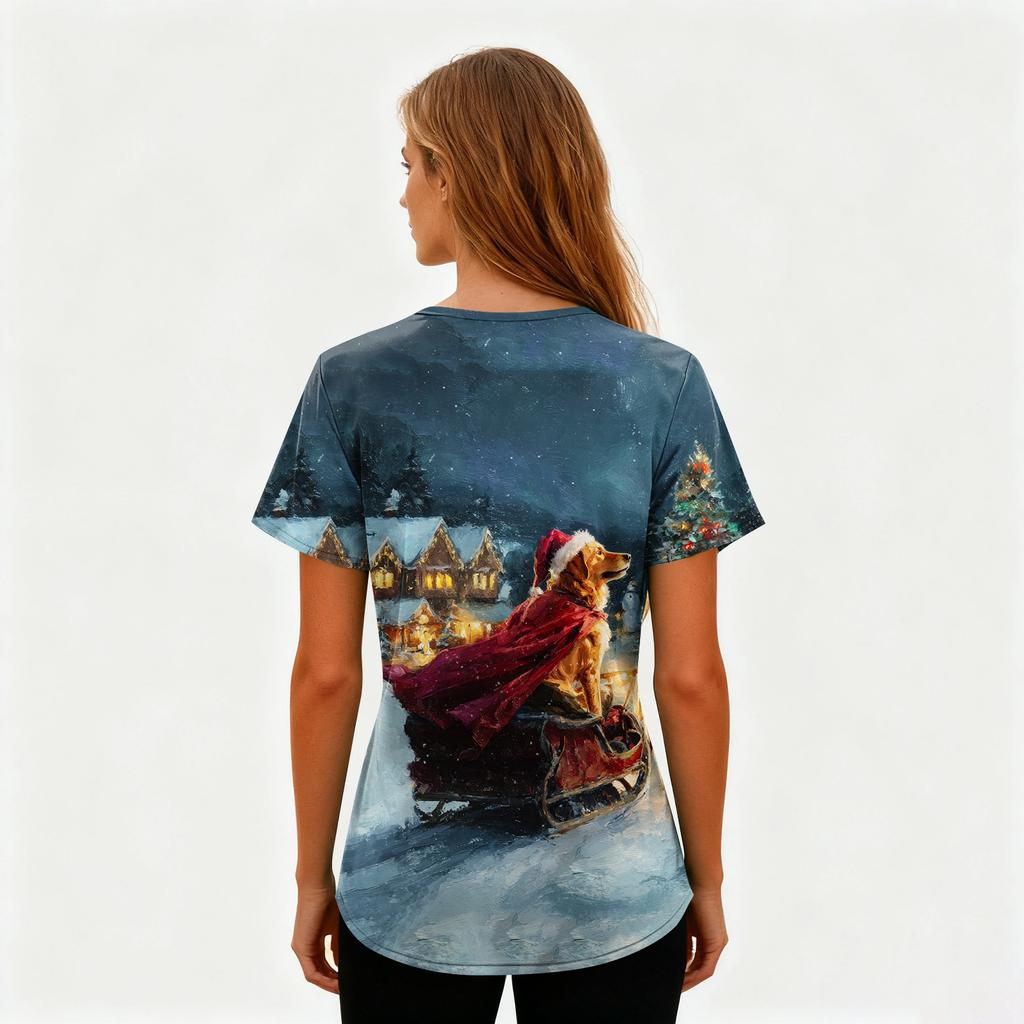 Damen Druck Uniform Arbeitsuniform V-Ausschnitt Taschen Basic Kurzarm Pullover Oberteil