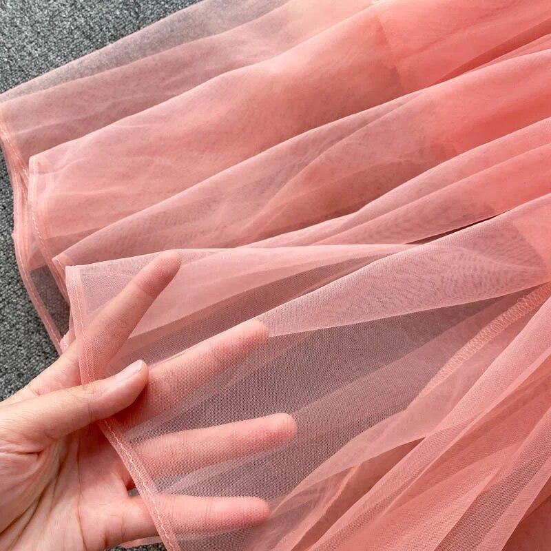 Sexy Mesh Strap One Piece Dress Women Sweet Ruffle A-Line Beach Party Dresses Female Fashion Solid Design Elegant Clothing 2024