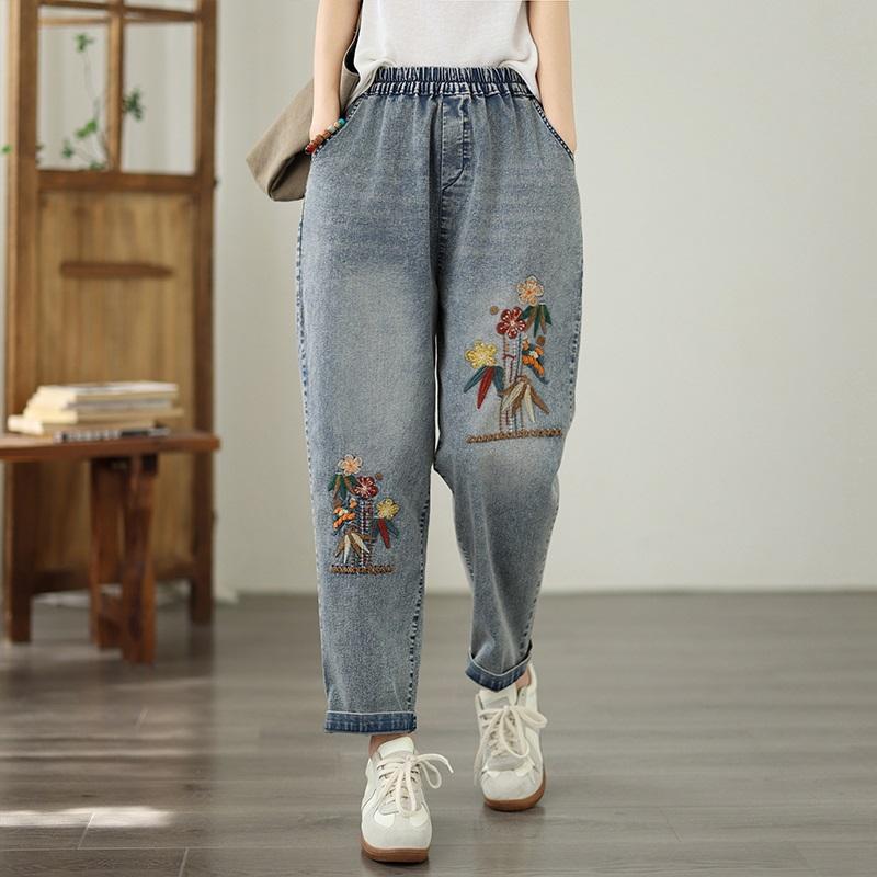большой размер Винтажная вышивка высокая талия повседневные свободные Женские Весна лето осень джинсы деним Штаны-алладины M