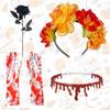 4-Piece Set Halloween Party Costume Rose Flower Headband Novelty Horror Necklace Gloves  for Women