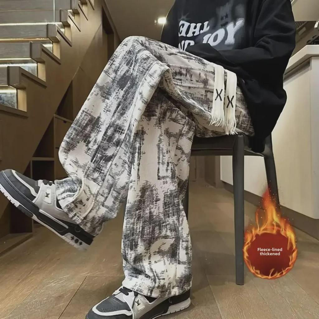 Men's Autumn Tie-Dye Loose-Fit Retro Straight Pants with Velvet