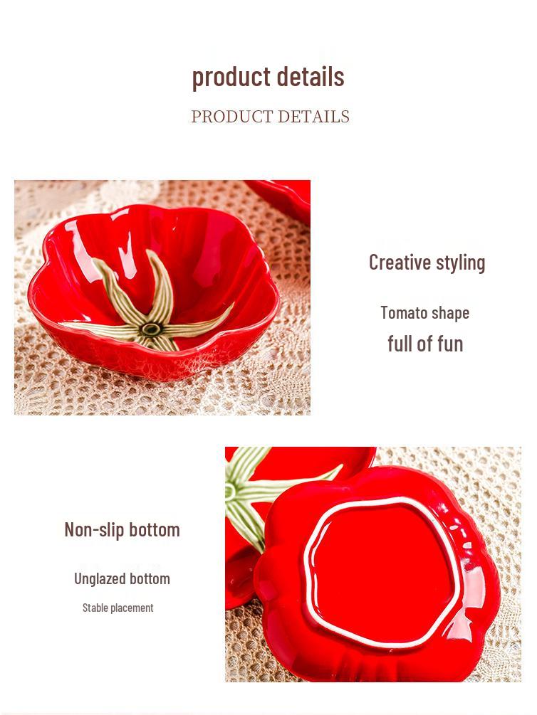 Tomato Ceramic Tableware: Tomato-Shaped Dinner Plates, Heart-Shaped Dessert Bowls, Festive Fruit Plate, Red Storage Jar.