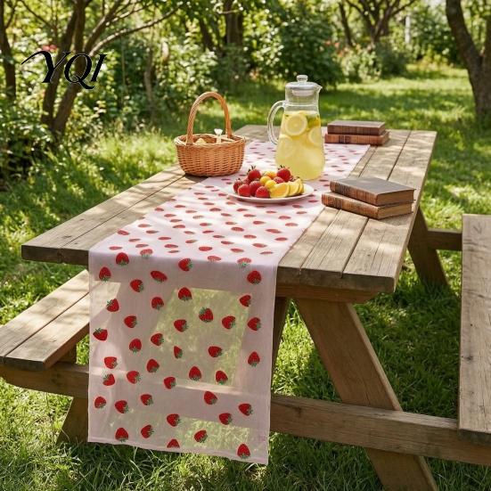 Elegant Event Table Liners Sheer Tulle Runner, Strawberry Cherry Lemon Pattern, Summer Seasonal Fruit Runner Overlay, for Birthday Party Wedding Decor
