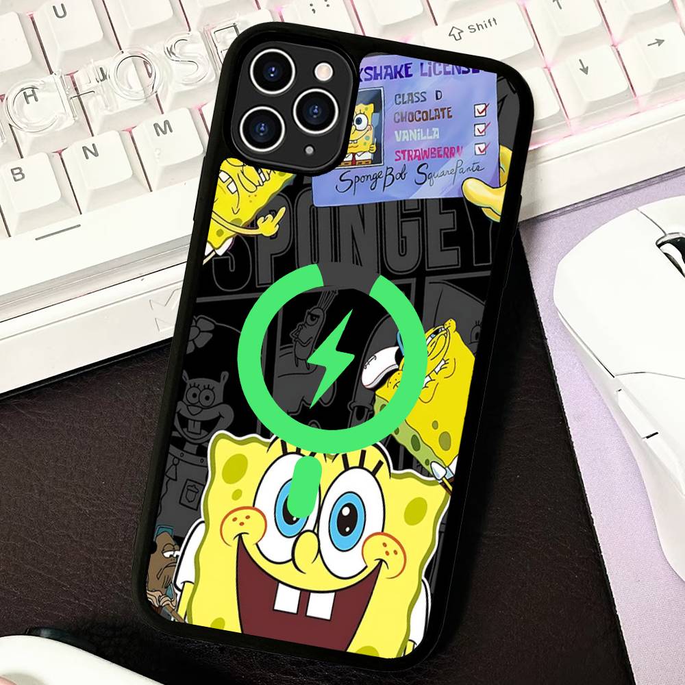 

Cartoon Cute S-SpongeBob Anime Black For Magsafe Magnetic Phone Case For IPhone 16 15 17 Pro Max 11 12 13 14 Plus Cover iPhone 15 pro