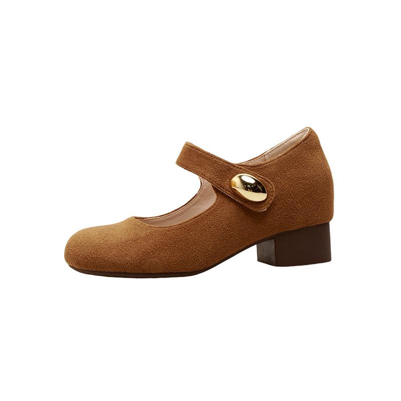 Height-increasing small golden beans thick-heeled single shoes women's autumn new retro versatile suede soft-soled Mary Jane shoes