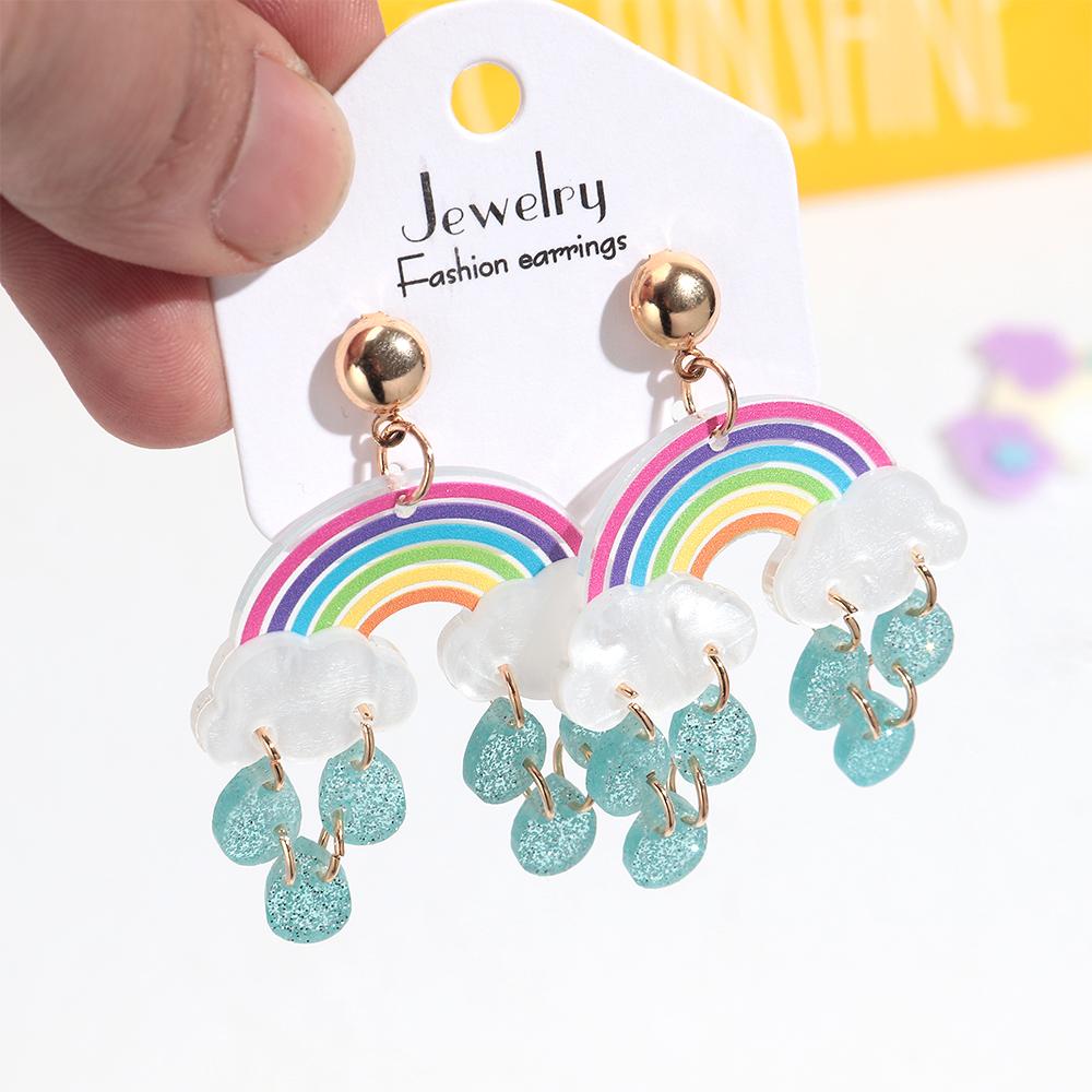 Cute Clouds Rainbow Raindrop Acrylic Earrings for Women Girls Cartoon Moon Purple Cloud Star Drop Earring Fashion Jewelry Gift