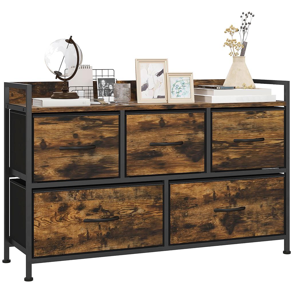 Fabric Chest of Drawers with 5 Drawers and Metal Frame, Industrial Style for Living Room or Hallway, 98x29x63 cm, Rustic Brown