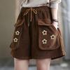 Women's Corduroy Shorts Summer Retro Loose Chinese Style Pocket Crocheted Casual Wide-leg Shorts