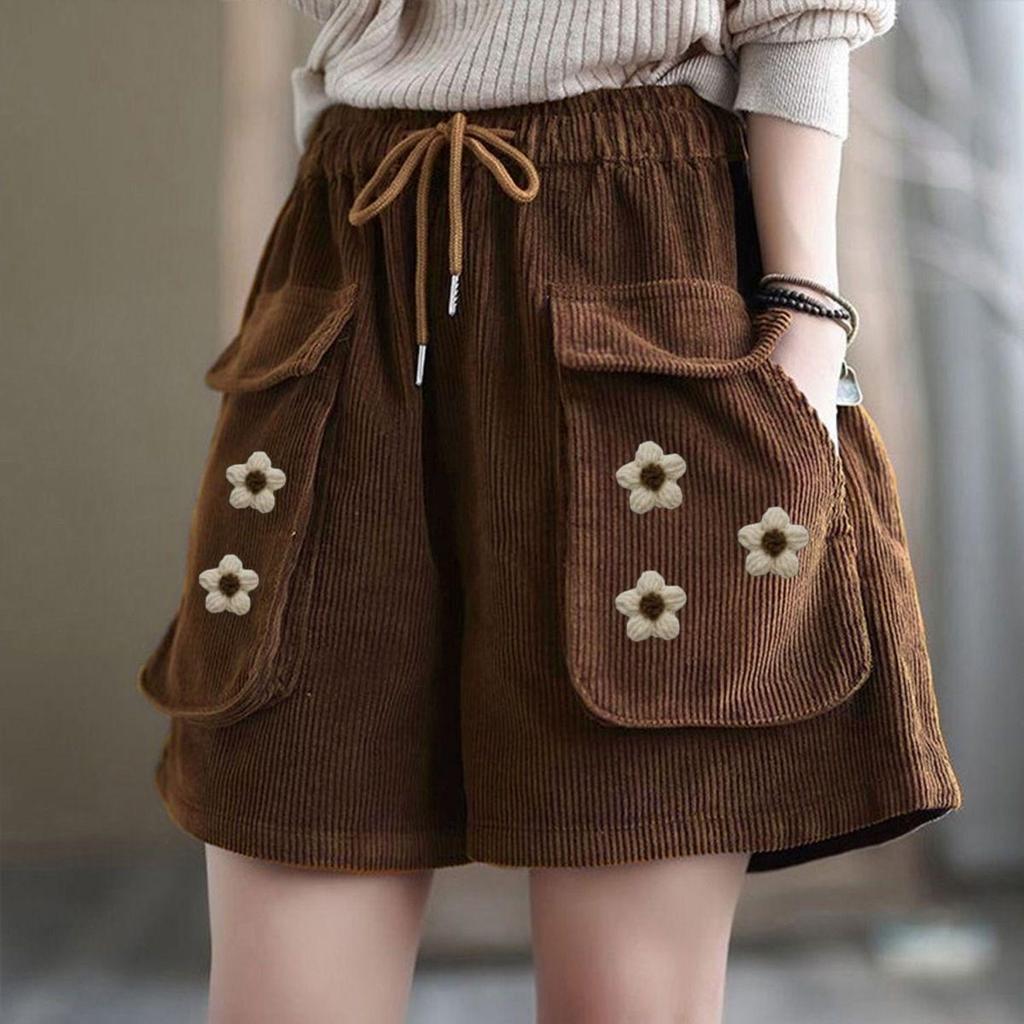 Women's Corduroy Shorts Summer Retro Loose Chinese Style Pocket Crocheted Casual Wide-leg Shorts