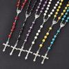 Women's Christian Fashion Faux Pearl Rosary Necklace with Virgin Mary & Jesus Cross Pendant Long Beads Chain Jewelry