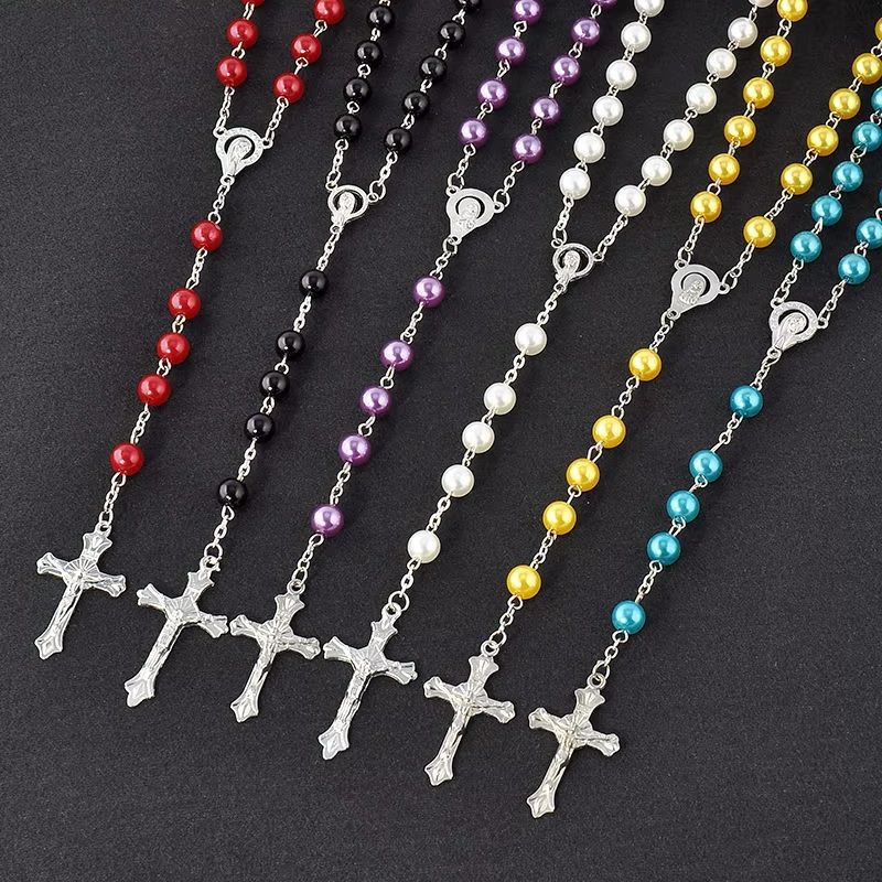 Women's Christian Fashion Faux Pearl Rosary Necklace with Virgin Mary & Jesus Cross Pendant Long Beads Chain Jewelry