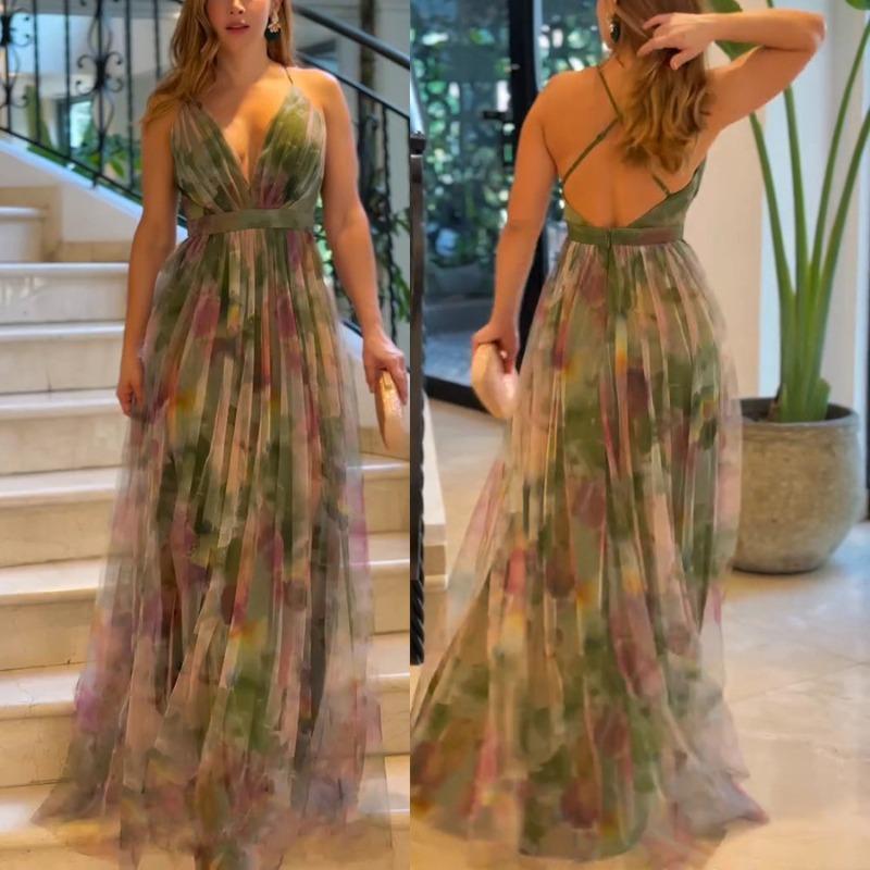 Spring and Summer New Mesh Printing Suspender Dress, Vacation Casual Party Dress