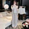 Women's Ice Silk Long Sleeve Pajama Set with Built-in Bra (4 Pieces) - Light Luxury Homewear for Spring/Autumn