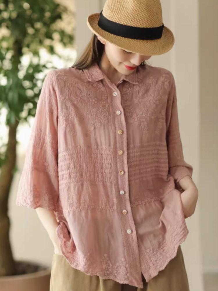 Johnature Damen Vintage Print Blumenhemden Stickerei Einfarbige Blusen Sommer Knopf Halbarmhemden