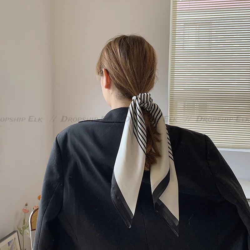 Square Imitation Silk Scarf Black And White Striped Head Wrap For Women Multifunction Silk Feeling Neckerchief