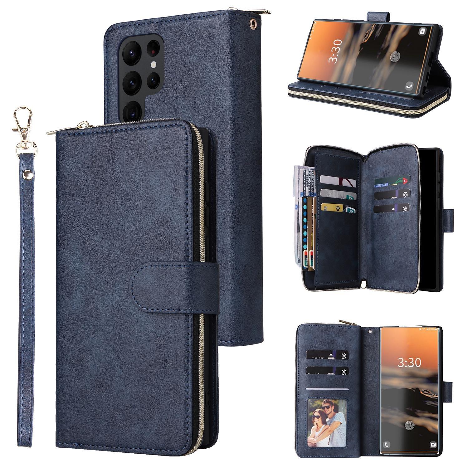 

Кожаный чехол-кошелек с 9 отделениями для карт на молнии для Samsung S23 S22 S21 Ultra Plus S21 S20 FE A14 A54 A13 A53 для iPhone 15 14 13 12 11 Pro Max XS Max 8P Samsung S23 синий