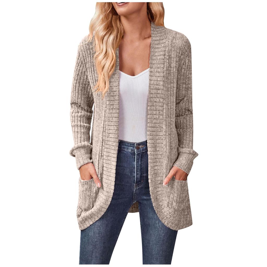 Women Ladies Solid Color Long Sleeve Length Cardigan Sweater Coat Top