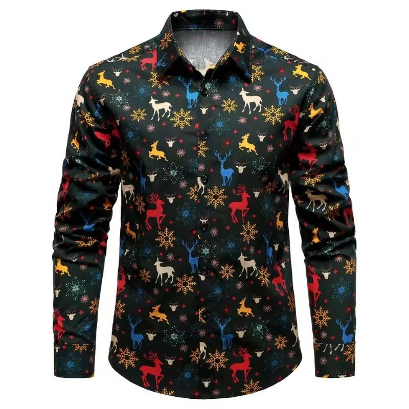 

2025 Christmas Men s Christmas Tree Elk Print Breathable Long Sleeve Shirt Button Up Shirt Funny Outdoor Holiday Turndown Shirts 3XL