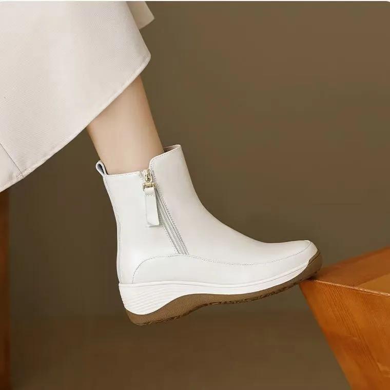 2024 New Autumn Winter British Style Platform Women's Boots Casual Simple Side Zipper Round Toe Wedge Ankle Boots