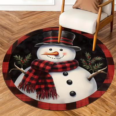 1 Pz Tappeto Rotondo Natalizio Pupazzo di Neve Stampa Buffalo Plaid Interno Antiscivolo Lavabile Tappeto in Fibra Tappetino Morbido Confortevole per Camera da Letto Soggiorno