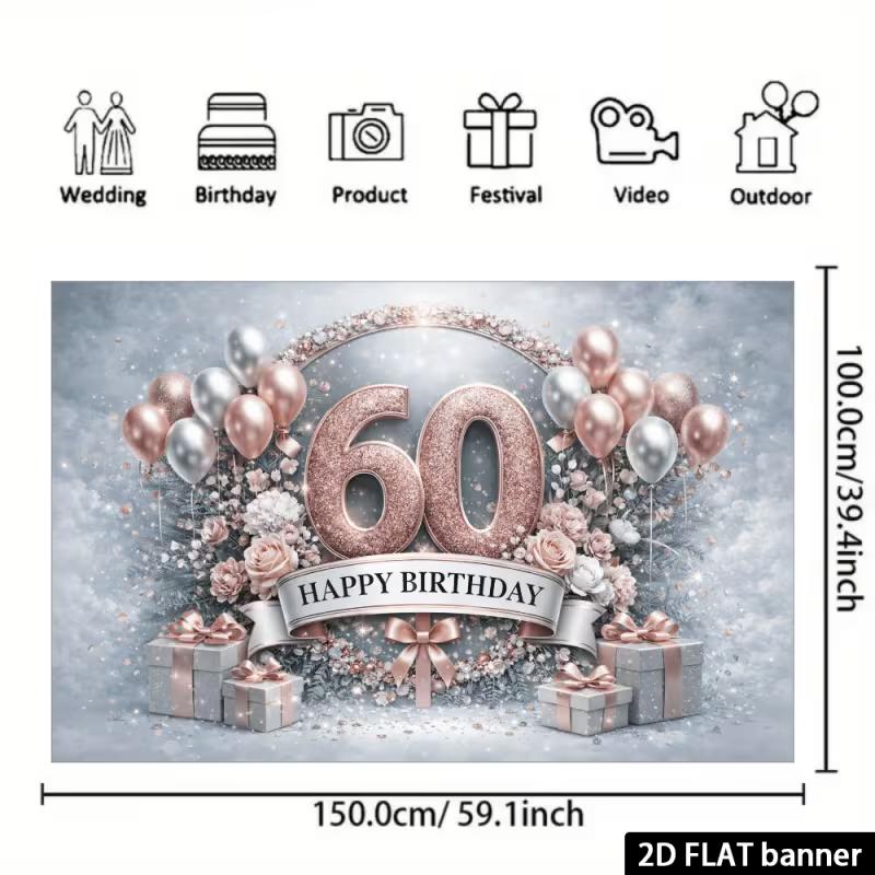 Striscione Decorativo 2D Elegante Palloncino Oro Rosa & Floreale per 60° Compleanno