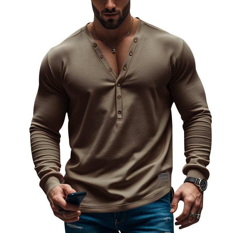 Mens Slim Fit Long Sleeve V Neck Buttoned Casual T Shirt