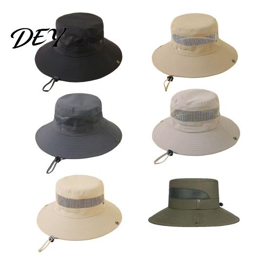 Comfortable Summer Hiking Headwear Mesh Spliced Bucket Hat for Men Women, Extra Wide Brim Sun Adjustable Windproof Mountaineering with Drawstring,