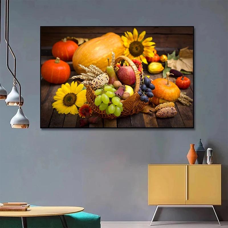 Nordyckie Warzywa i Owoce w Koszyku Plakat Kolorowa Sztuka Ścienna z Jedzeniem Obraz na Płótnie do Dekoracji Jadalni Kuchni Cuadros