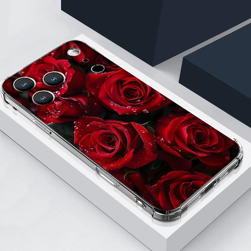 Scarlet Red Rose Flower Pattern Case For iPhone 17 Pro Max Coque iPhone 16 15 14 13 Pro Max 11 Shockproof Clear Soft Silicone Cover