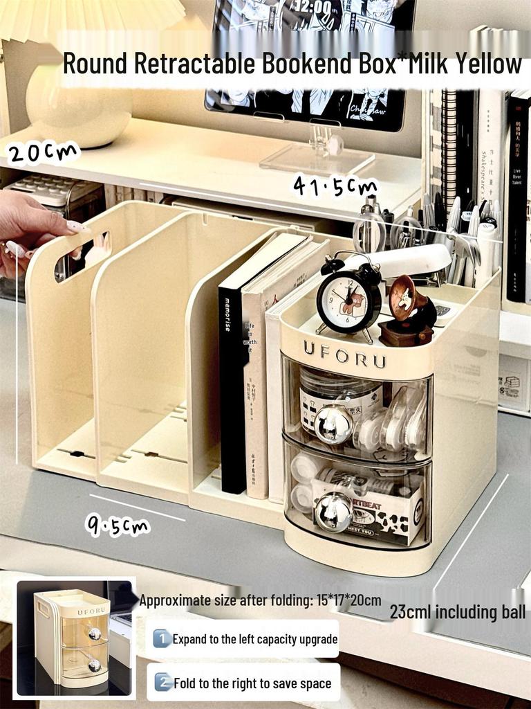 Retractable Bookends with Pen Holder and Storage Rack for Desk