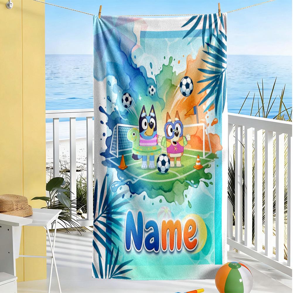 Bluey's Soccer Fun Customize Text Beach Towel Super Soft & Absorbent