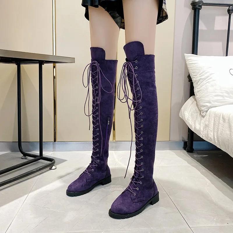 Fashion Casual Women's Boots Low Heels Flock Winter Over Knee Boots for Woman 2025 Lace Up Fashion Female Thigh High Boots2025