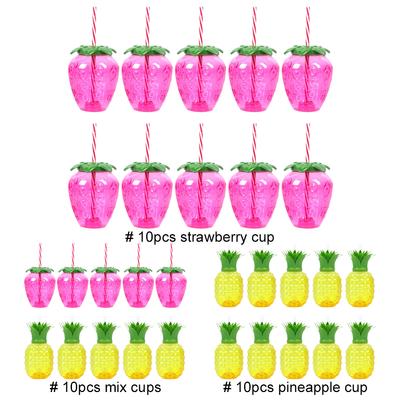 10Pcs Plastic Strawberry Pineapple Juice Cups with Straw Water Cups Fruit Shape Luau Flamingo Summer Beach Pool Party Decor