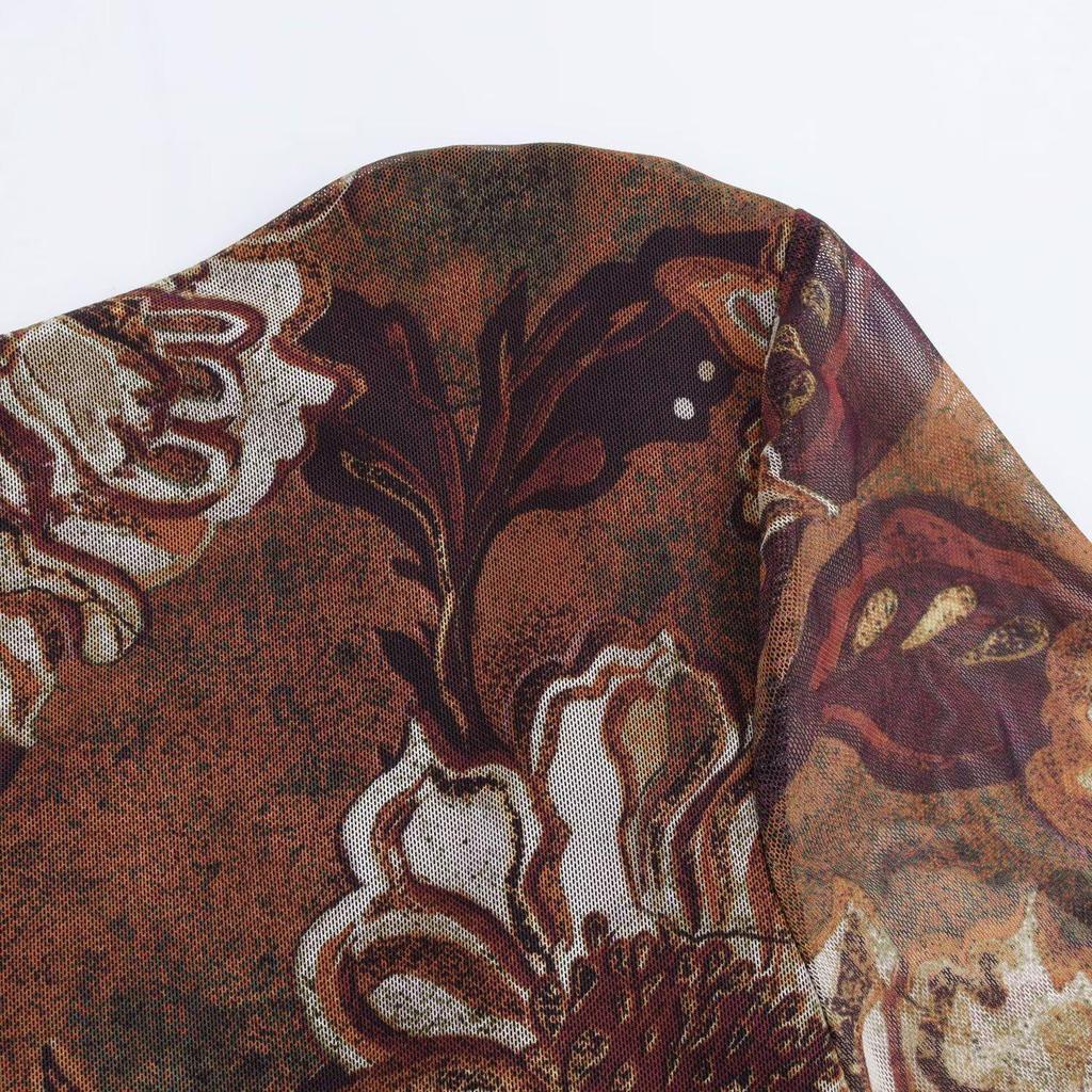 2024 Autumn Women's European & American Style Slim Silk Mesh Print Dress