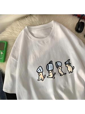 Four Little Cats Holding Fish Wounisex T-Shirts Cartoons Prints T Shirts Soft O-Neck Short Sleeve Tops Summer Clothes Graphic Y2K