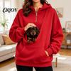 Travel Sweatshirt with Front Pouch Women Hoodie Pet Carrier Pocket, Half Zipper Pullover Sweatshirt, Dog for Small Pets Loose Fit Long Sleeve