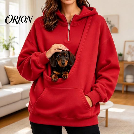 Travel Sweatshirt with Front Pouch Women Hoodie Pet Carrier Pocket, Half Zipper Pullover Sweatshirt, Dog for Small Pets Loose Fit Long Sleeve