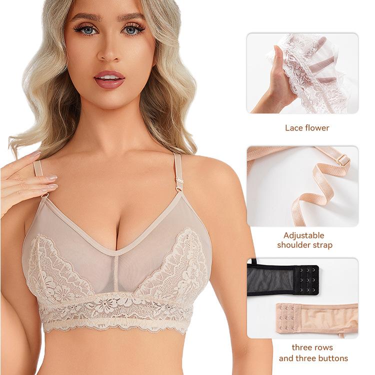 Women French Lace Bra, Wireless Thin Cup Sexy Sheer Lingerie, European American Style Comfortable No Underwire Bra
