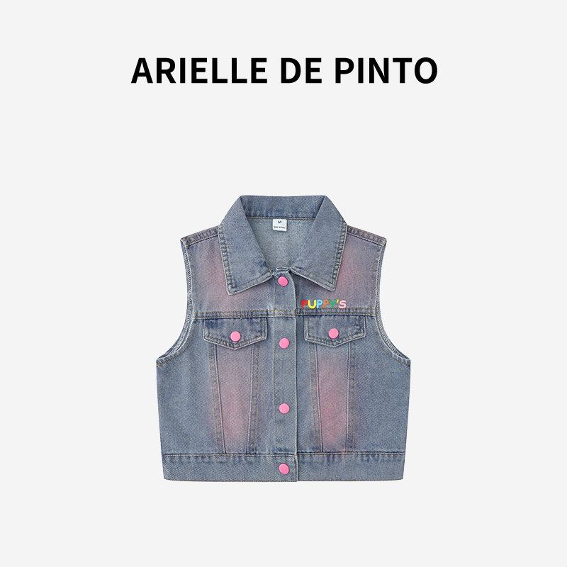 French Arielle De Pinto Girls  Vest Spring Sweet and Fashionable Dachshund Powder-Print Denim Vest Blue 90