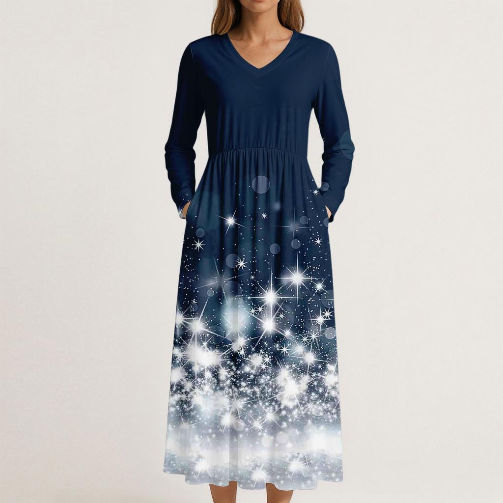 Dress For Women Long Boho Beach Dress Elegant Maxi Dress V-Neck Long Sleeve Dress With Pockets