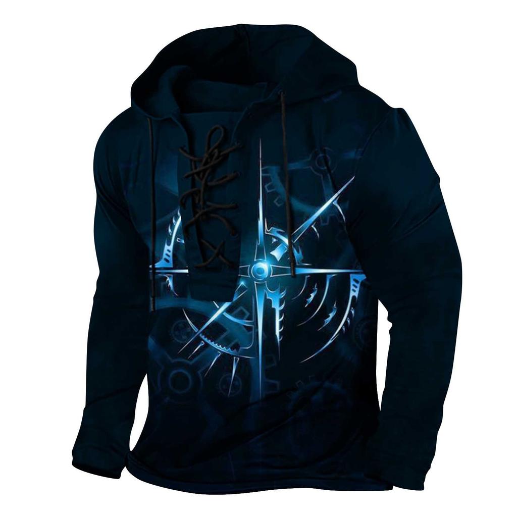 Size Men's Outdoor Retro Lace-up Long-sleeved Hoodie Autumn and Winter Casual Lace-up Sweatshirt For