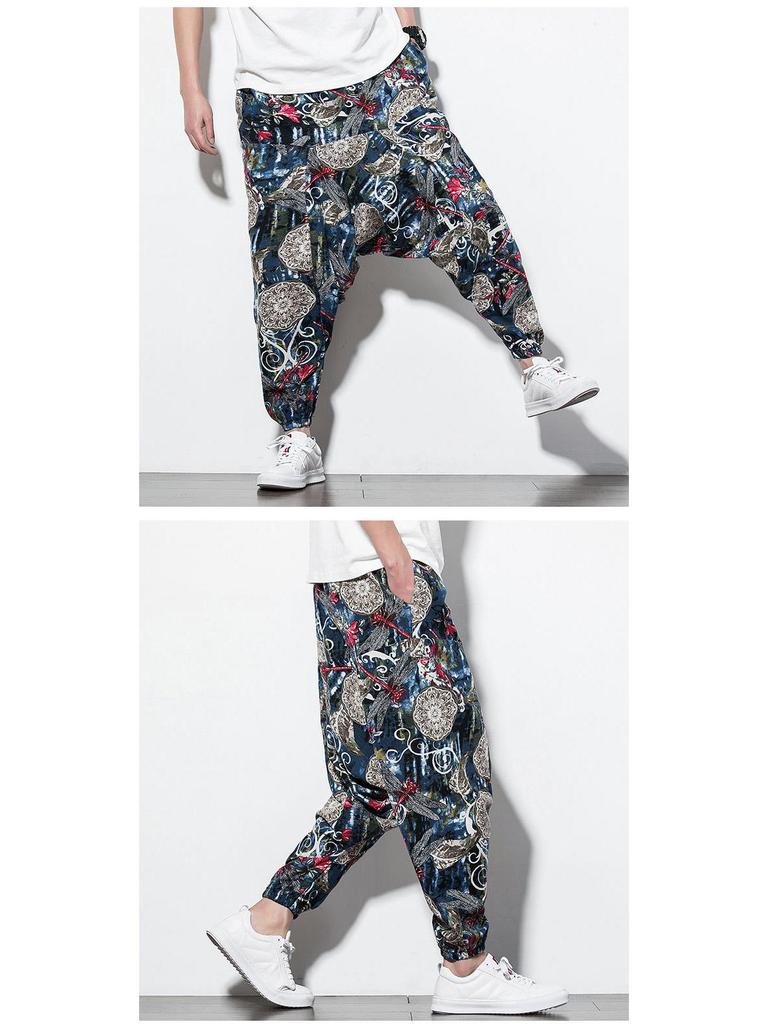 2023 Spring Men's Chinese-Style Cotton Linen Harem Pants - Printed Hip Hop Trousers
