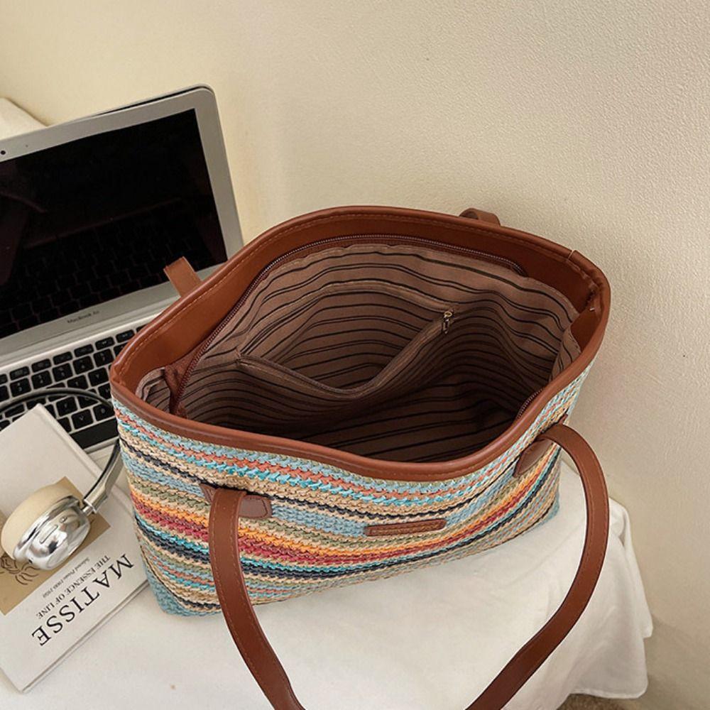 Beach Handbag Straw Woven Bag Parent Shoulder Bag Strip Shoulder Bag Bohemian Beach Bag  Streetwear